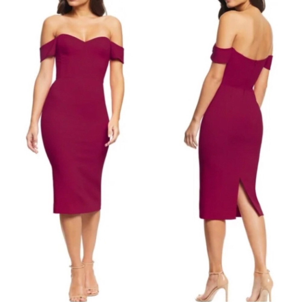 NWT DRESS THE POPULATION Bailey Magenta Wine Off Shoulder Midi Dress Size XS
